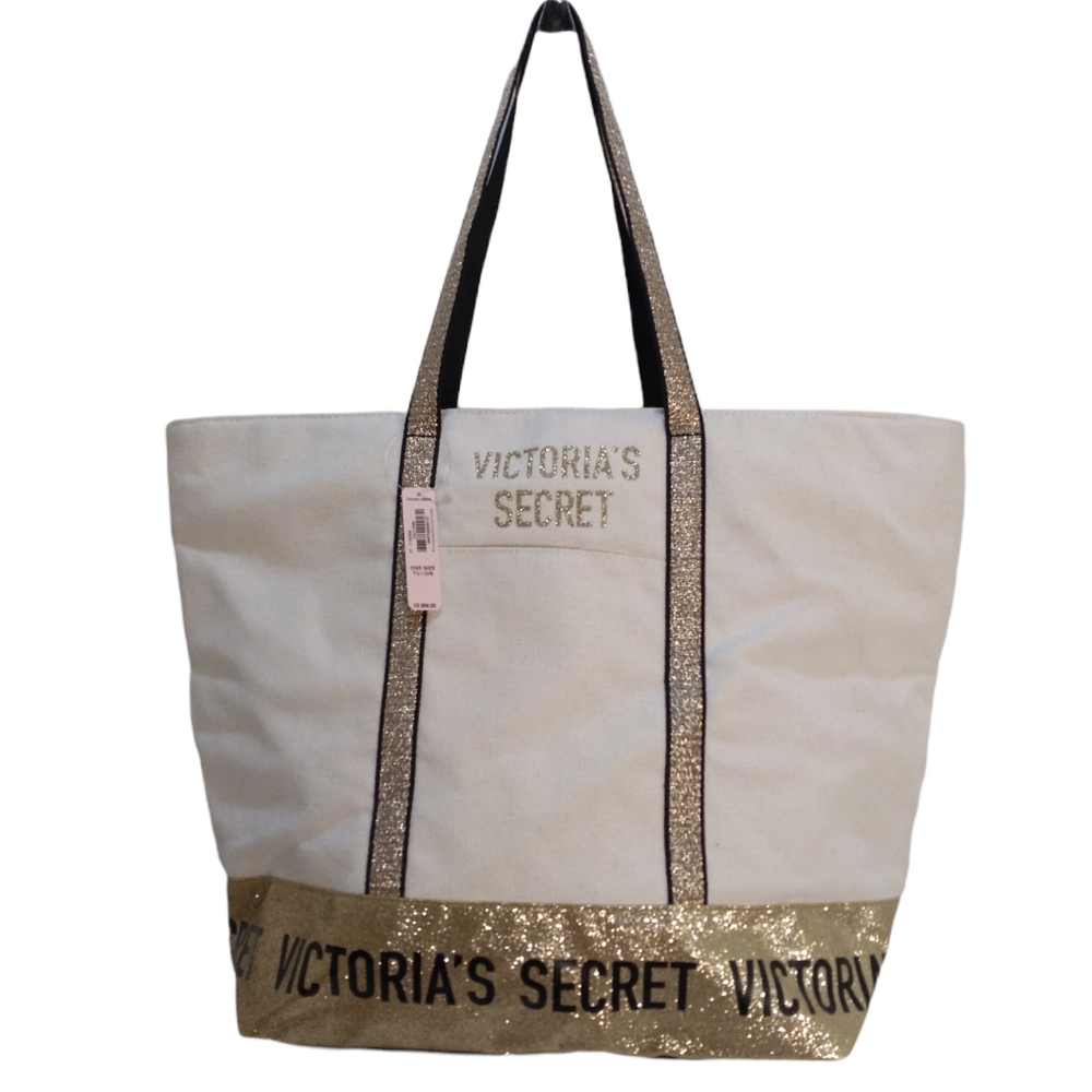🆕️VICTORIA'S SECRET Gold Glitter Canvas Large Tote Bag NWT